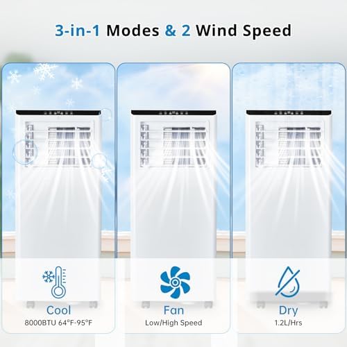 8000Btu Portable Air Conditioner with Remote Control,Quiet AC Unit with Cool, Dehumidifier & Fan Mode Room Cooling Up to 350 sq ft,24 Hour Timer, Window Installation Kit for Home, White