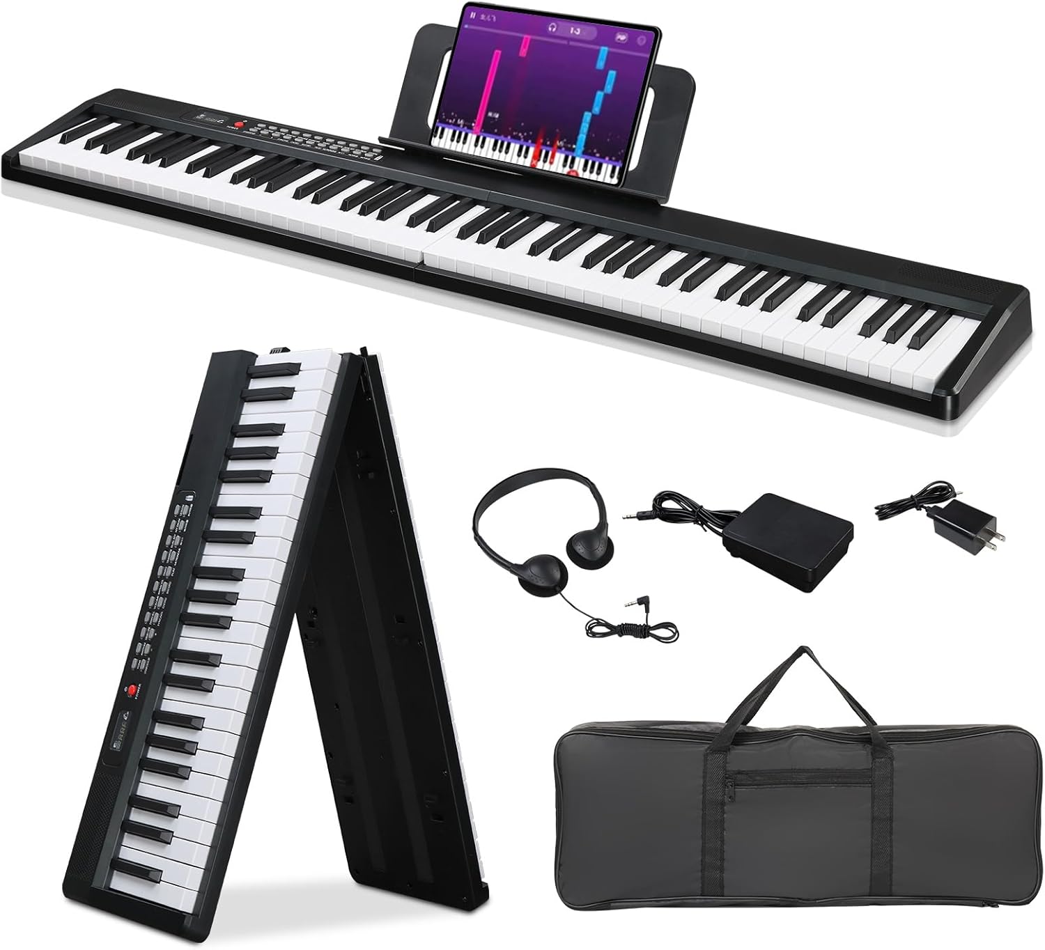 Ktaxon 88 Key Keyboard Piano Foldable Piano Keyboard with 1000 Rhythms, 1000 Tones and 50 Demos, Bluetooth Audio & MIDI, 3 Teaching & 2 Power Supply Modes, Full Equipment for Beginner (Compact-Black)