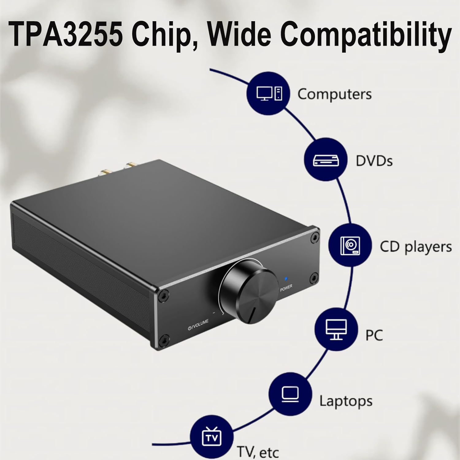TPA3255 HiFi Class D Power Amplifier, 300W×2 Stereo Amplifier 2 Channel Audio Component with Innovative Heat Dissipation, for Home Theater, Outdoor Setups & Bookshelf Speakers, DC 32V Adapter Included