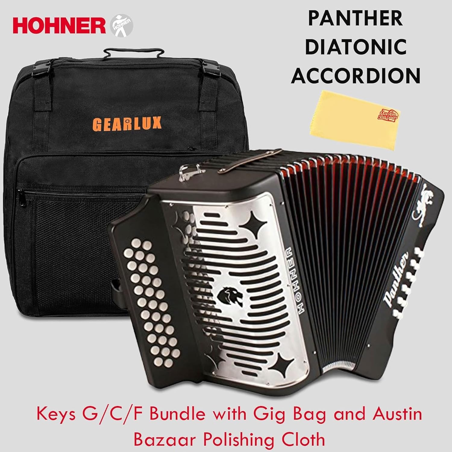 Hohner Panther Diatonic Accordion - Keys G/C/F Bundle with Gig Bag and Austin Bazaar Polishing Cloth