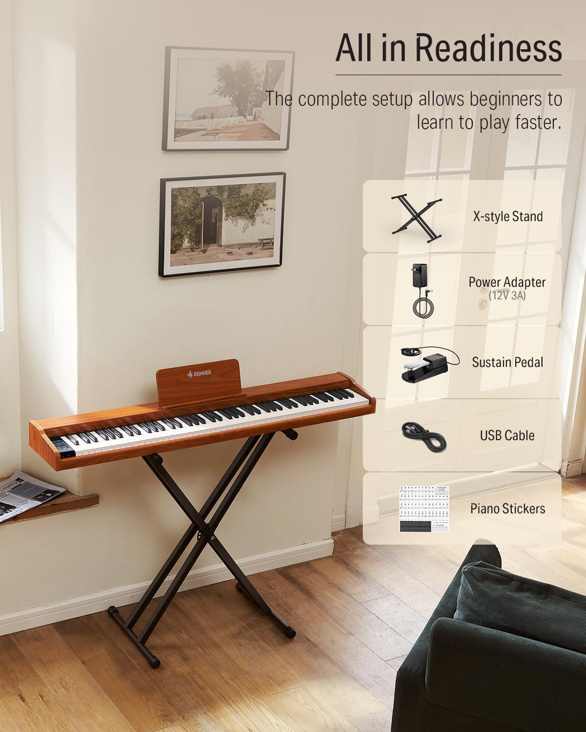 Donner DEP-1S Portable Piano Keyboard 88 Keys with X-style Stand, X-Style Bench, Piano Stickers, Sustain Pedal
