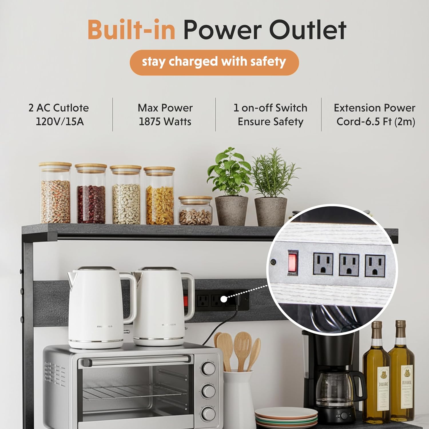 Simple Deluxe Kitchen Bakers Rack with Power Outlet, Coffee Bar Accessories Table, 4-Tier Adjustable Storage Shelf for Spices, Freestanding Appliance Organizer, 31.5 Inch, Gray