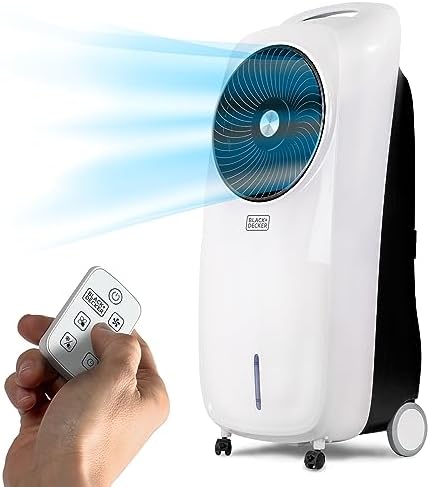BLACK+DECKER Evaporative Air Cooler - Portable Air Conditioner Cooling Fan with LED Display, Remote Control, 2-Gallon Water Tank - Compact and Lightweight Design, White