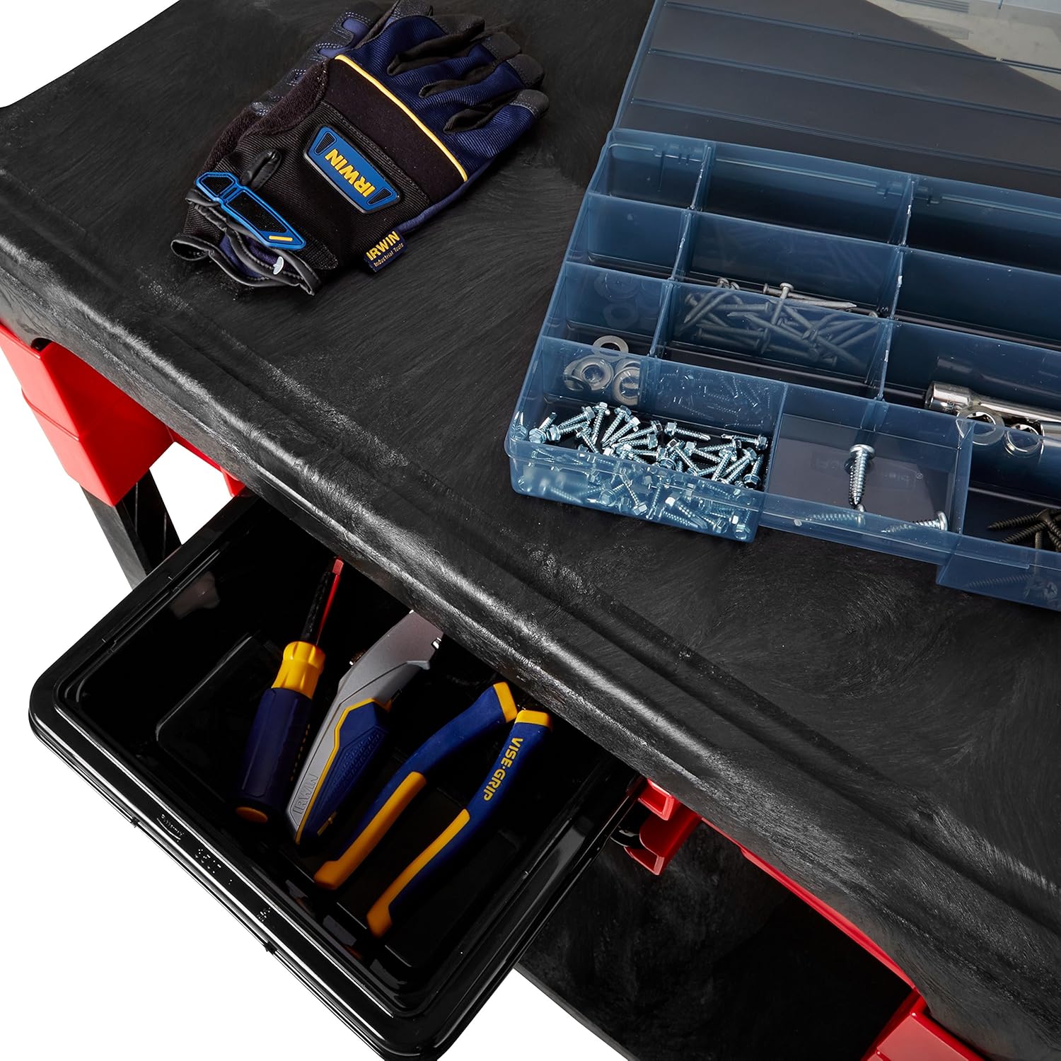 Rubbermaid Commercial Products Trades Tool Utility Cart Mobile Work Station With 2 Parts Boxes and 4 Parts Bins 330 lb. Capacity 5