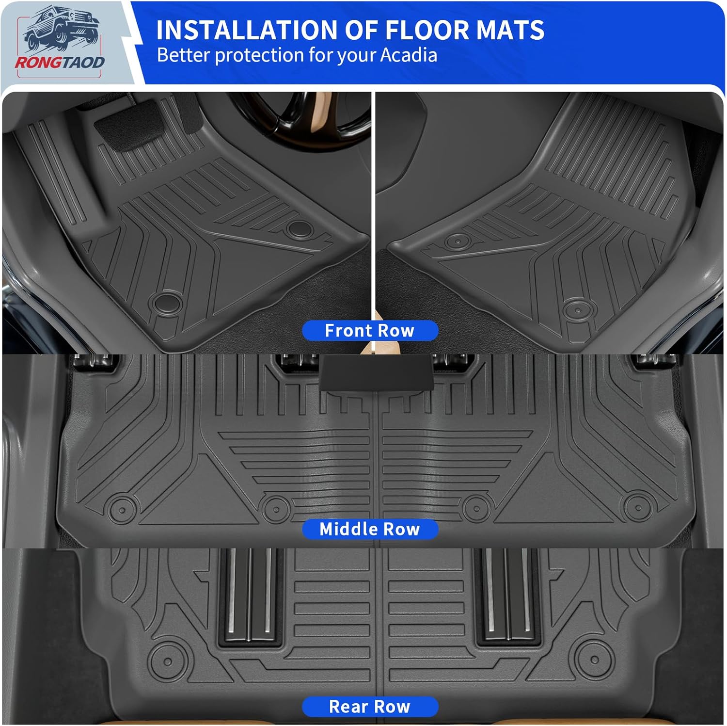 Rongtaod Floor Mats Compatible with 2017-2023 GMC Acadia 6 Seater Cargo Liner Kick Mats Cargo Mat Sub Trunk Mat Trunk Liner 2nd&3rd Back Seat Cover Protector All Weather Acadia Accessories (Set of 10)