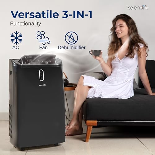 SereneLife 12000 BTU Portable Air Conditioner - 3-in-1 Compact Standing Air Conditioner for Room Up to 380 Sq. Ft. - Floor AC Unit with Remote Control - Universal Casters, Window Mount Kit