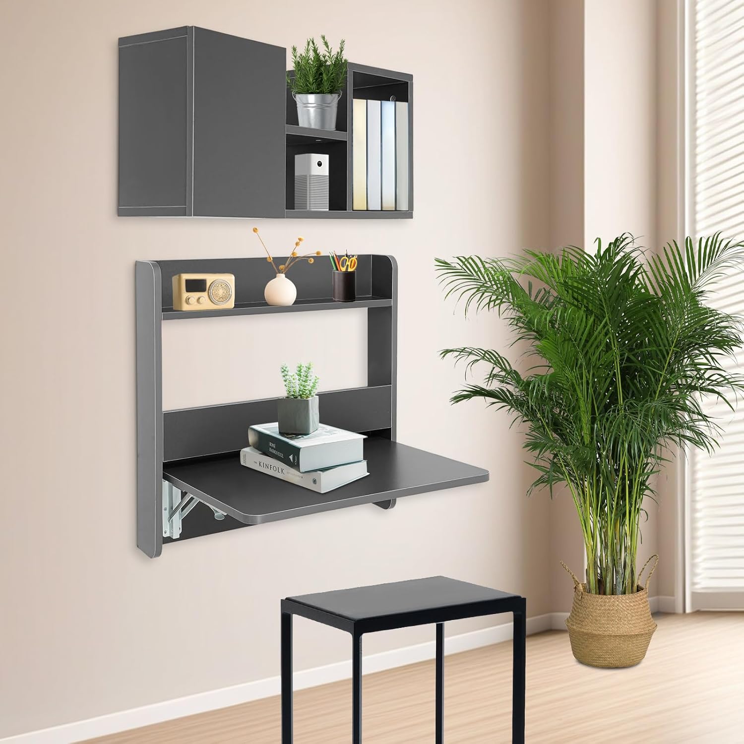 Wall Mounted Desk & Bookshelf, Folding Space Saving Wall Mounted Table with Storage Compart Space, Fold Down Laptop Desk for Home Office (Grey)