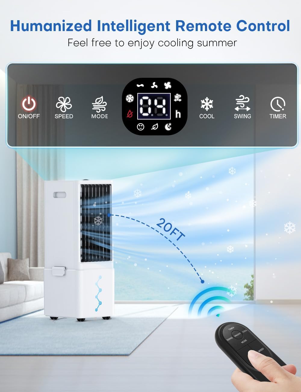 Evaporative Air Cooler w/ 4 Modes & 3 Speeds, Waterless Alert, 2.4-Gal Tank for 20H Cooling, 12H Timer, 20FT Remote, 70° Auto Swing Windowless Air Conditioner, Portable AC Unit for Bedroom