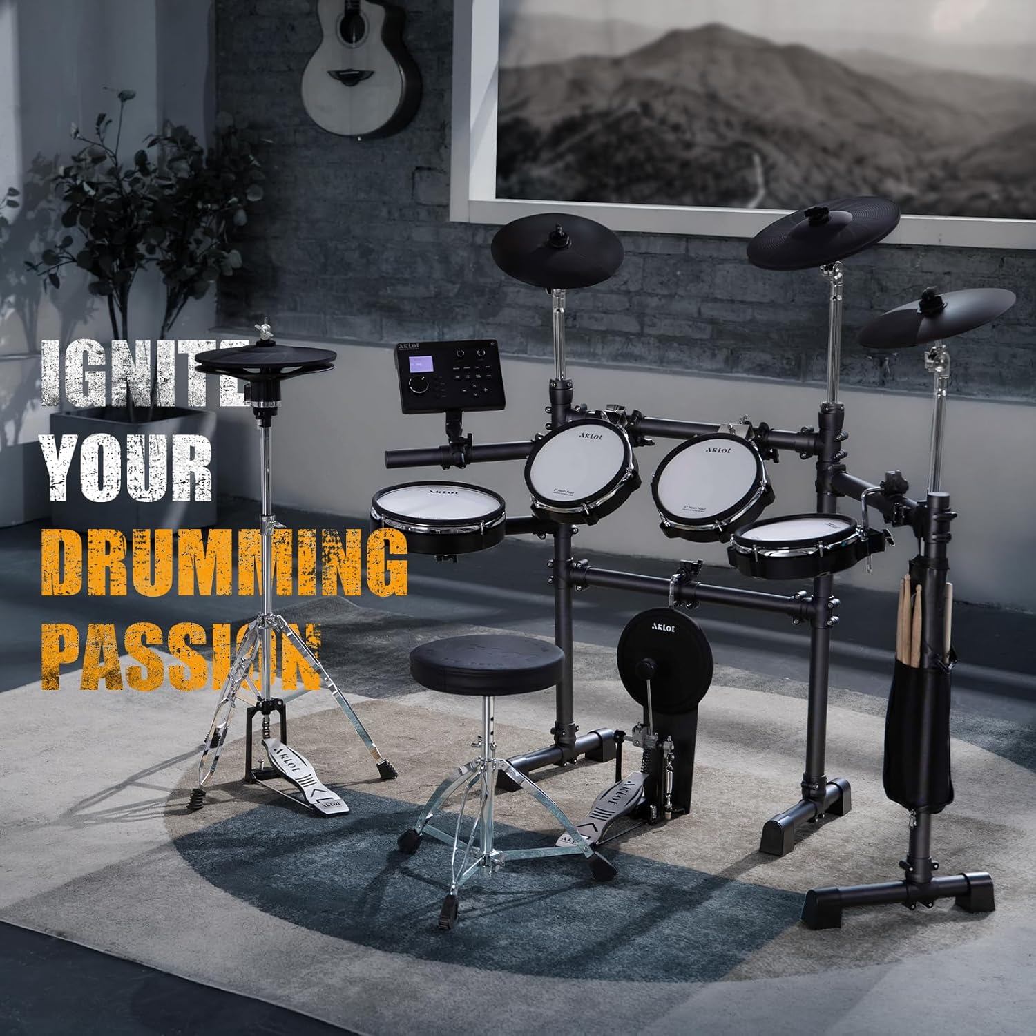 AKLOT Expanded-Size Electric Drum Set: 12'' Two-Piece Standalone Hi-Hat, Independent Kick Drum and 10'' Dual-Zone Snare, 12'' Triple-Zone Ride Cymbal, All Mesh Heads, 460 Sounds, USB MIDI (B-CORE541)