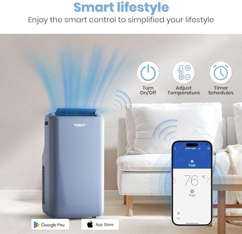 TOSOT 14,000BTU (9,600 BTU SACC) Wifi Portable Air Conditioner with Heating Mode, Cooling, Dehumidifier, Fan, Auto Swing, 24H Timer, for Large Rooms Up to 600 sq ft, AOMI Series, Steel Blue