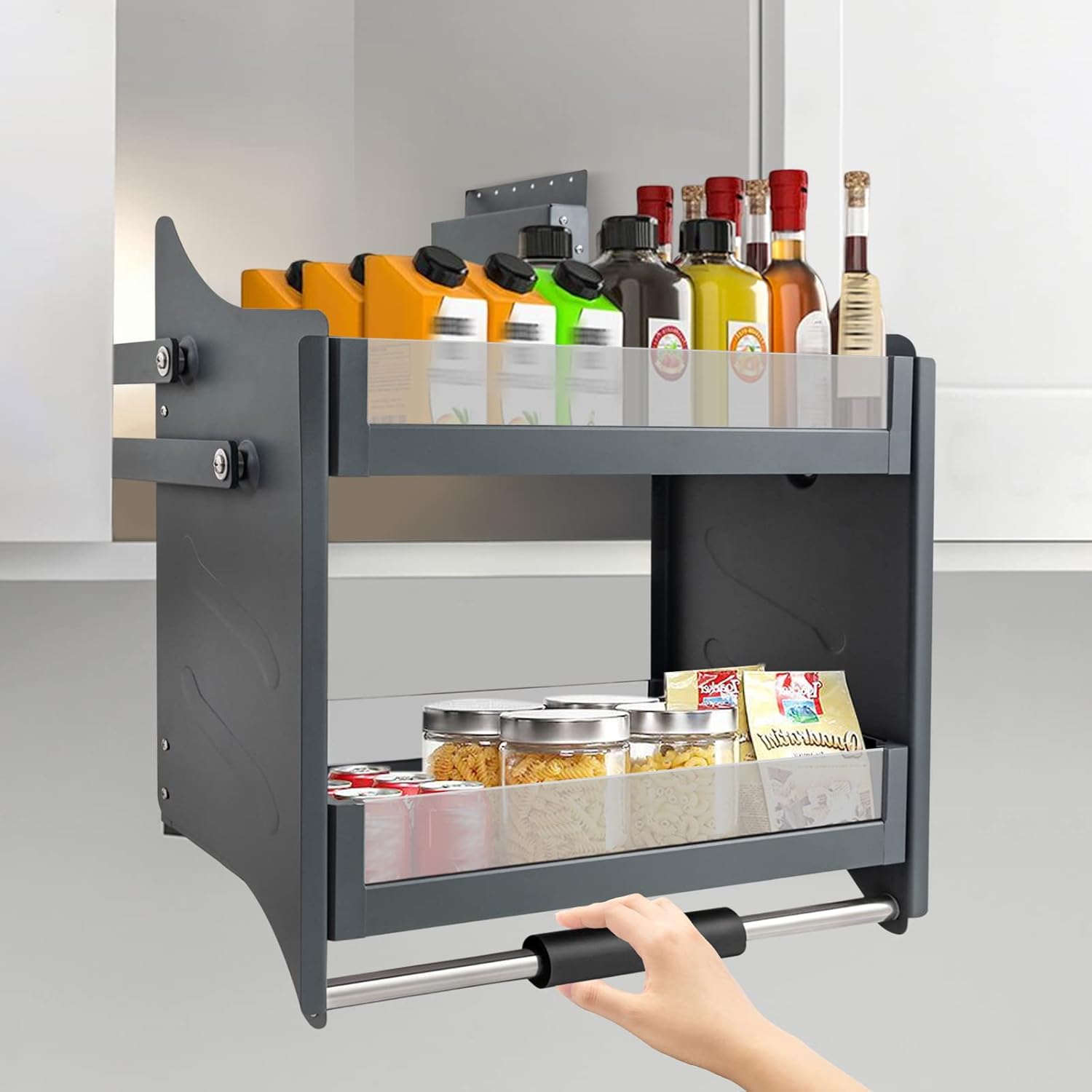 Pull Down Shelf, 24 Inch Upper Kitchen Wall Cabinet Storage Organizer, 2-Tier, Pneumatic Assist, Adjustable Storage Rack, Hydraulic Pull Down Basket, for Kitchen, Pantry, Cabinet