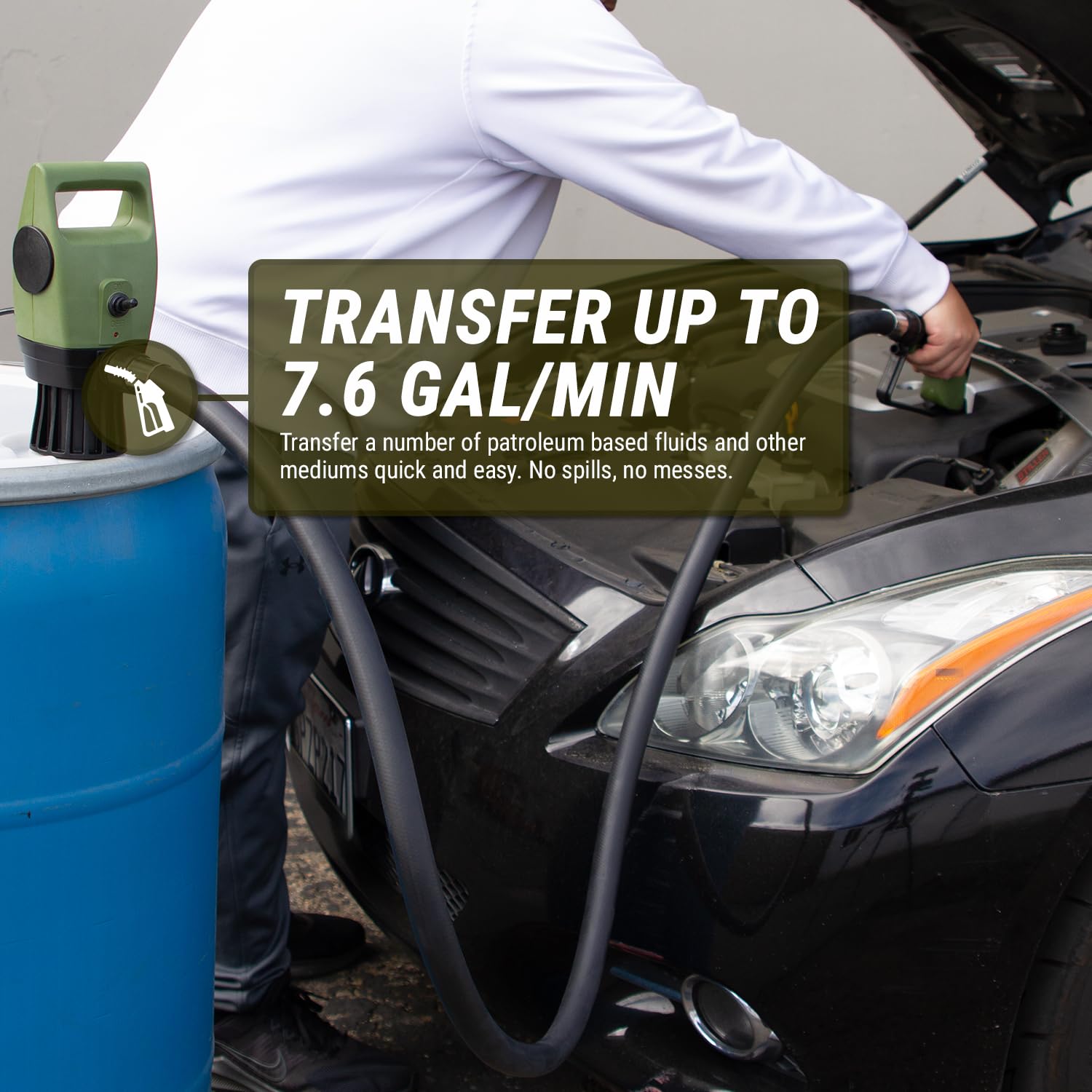 TERA PUMP Electric Drum Barrel Siphon for 55 Gallon Drums with Corrugated P.E. Discharge Hose with Easy Squeeze Nozzle (7.6 Gallon/Min)