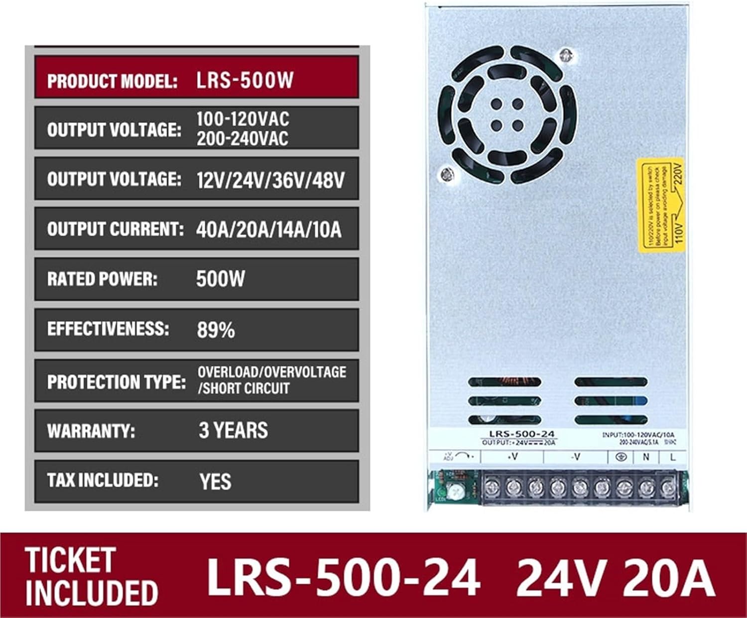Lrs-500-24 500W 24V 20.8A Drum Washing Machine Switching Dc to 220Vdc Power Supply 1Pcs