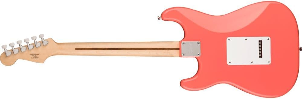 Squire Sonic Stratocaster Electric Guitar, Tahitian Coral, Maple Fingerboard, White Pickguard Bundle with Fender Logo Guitar Strap Black, Fender 12-Pack Celluloid Picks, and Gator Guitar Stand