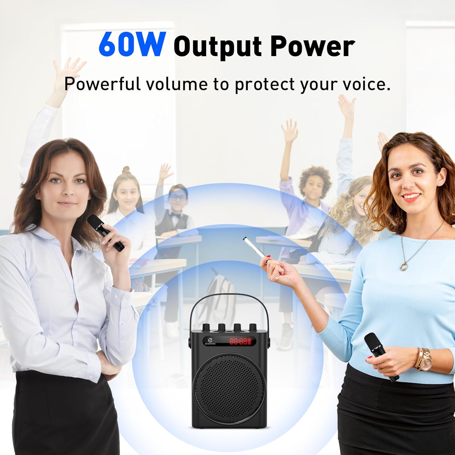 ZOWEETEK 60W Voice Amplifier with 2 Wireless Microphones,Portable Wireless Speaker with Microphone, Karaoke Machine,Portable Megaphone PA System,Wireless Voice Amplifier,Support TF Card,USB,Guitar,Aux