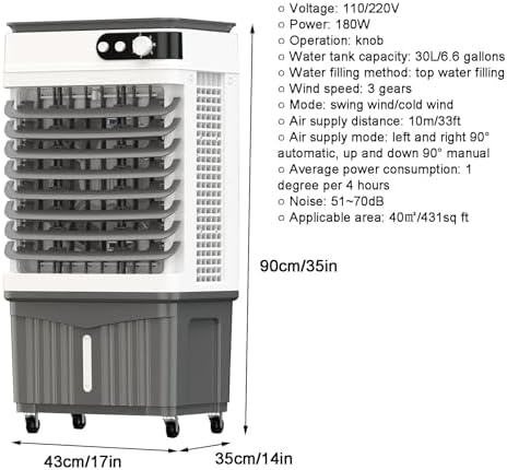 Swamp Cooler, Portable Evaporative Air Cooler, 4 Ice Box & 6.6 Gal Tank, 3 Speeds, 3-in-1 Portable Air Conditioners for Outdoor, Office, Home