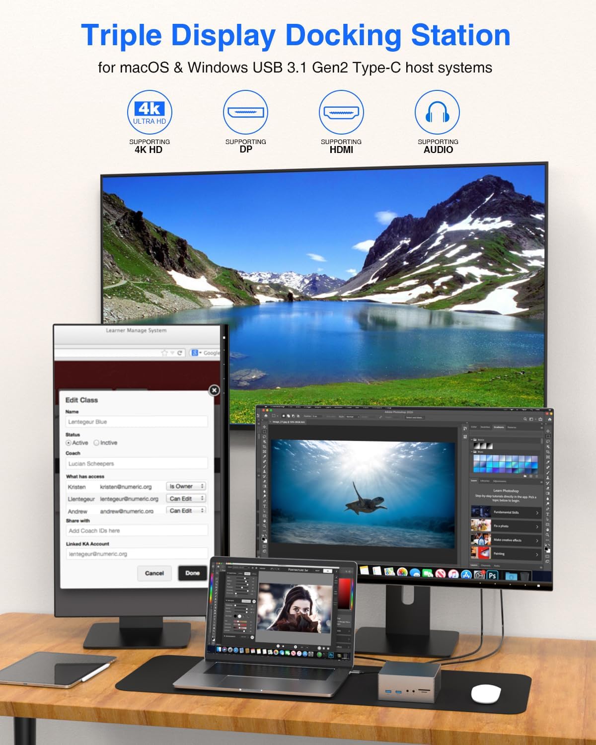 Tiergrade Upgraded Universal USB-C 4K Triple Display Docking Station with Charging Support for MacBook Pro & Windows Type C Systems (2 4K DP, HDMI, 6 USB Ports, 60W USB PD),Extended Display for macOS