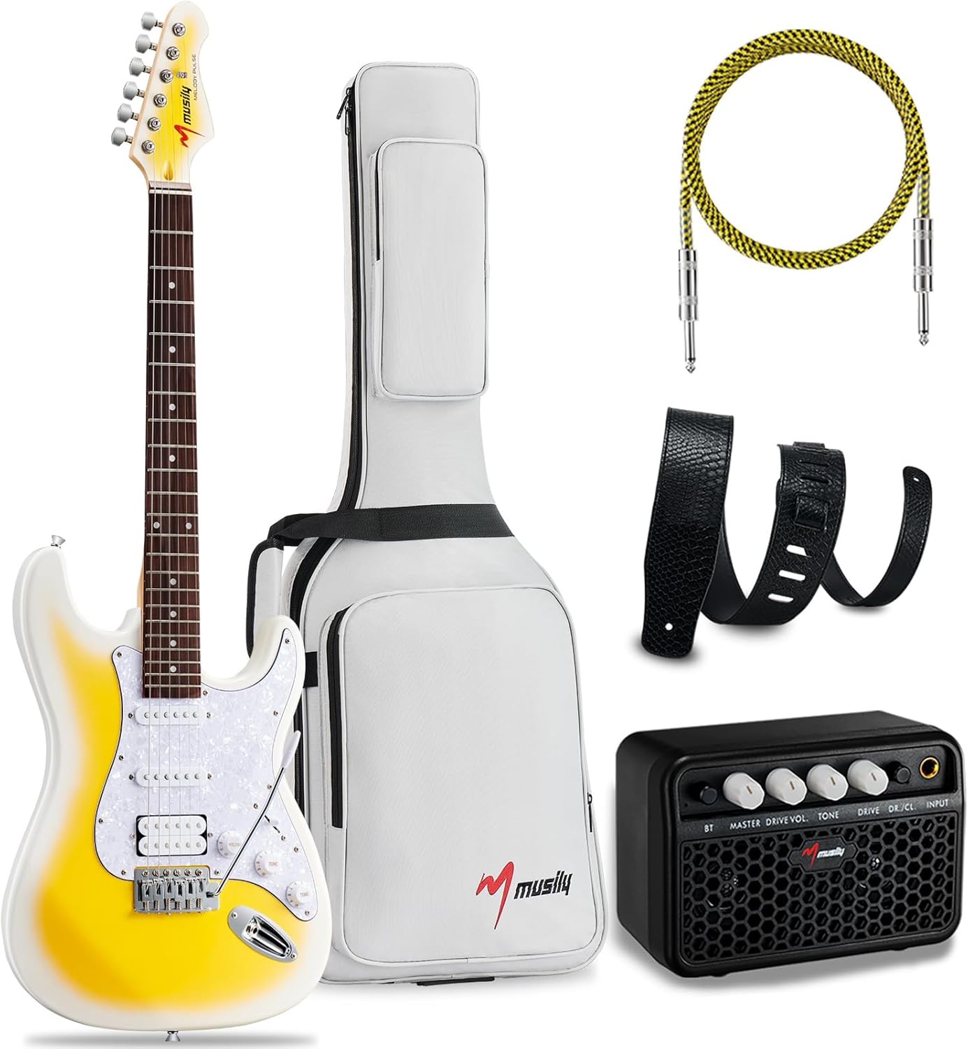 MST-1 39 Inch Electric Guitar Kit, Beginner Starter Full Size Solid Body Electric Guitar With HSS Pickups, Gig Bag, Amplifier, Strap, Cable, Picks, String (LemonBurst+Amp+Bag)