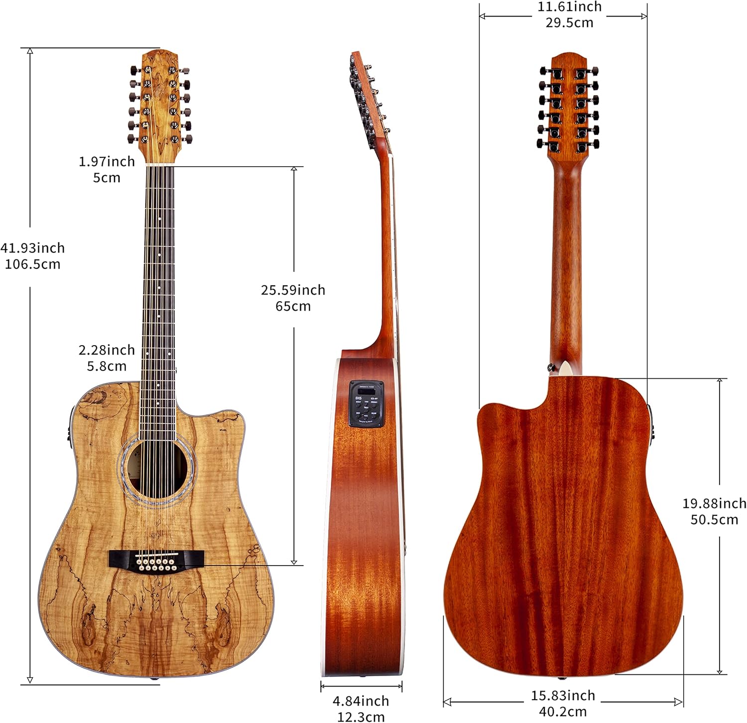 TARIO 12 Strings Acoustic Electric Cutaway Guitar Spalted maple Top Mahogany back & sides Okoume Neck