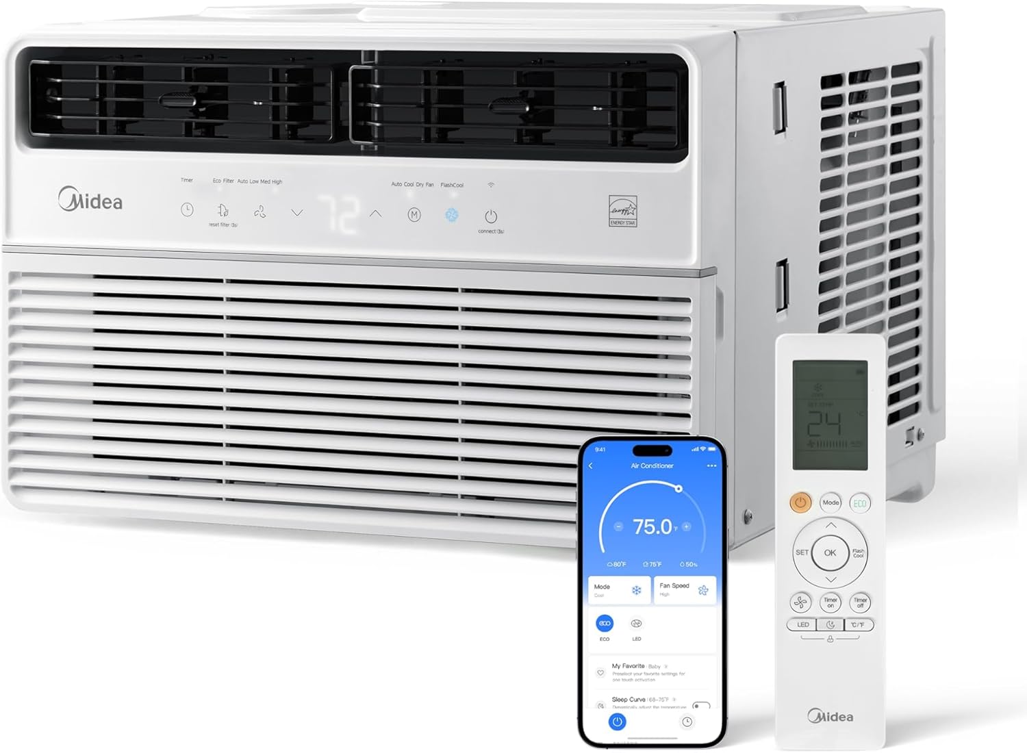 Midea 10,000 BTU Smart Inverter Window Air Conditioner with APP, Alexa Control, 115V AC Unit Cools up to 450 Sq. Ft, Quiet Operation, Energy Saving, Remote & Easy Installation Kit, White (Renewed)