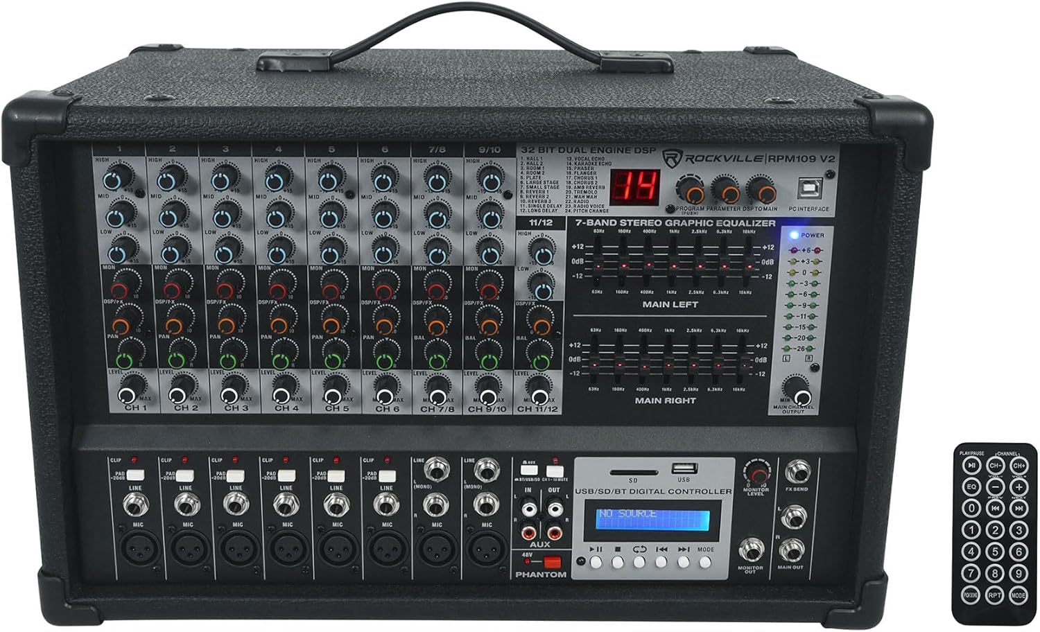 Rockville RPM109 V2 12 Channel Powered Mixer, 4800W Peak/600W RMS x2 @4Ω, Bluetooth/USB/SD Playback & Recording, 24 Digital Effects, 3-Band EQ Per Channel, 7-Band Stereo EQ, for Live Sound & Studio