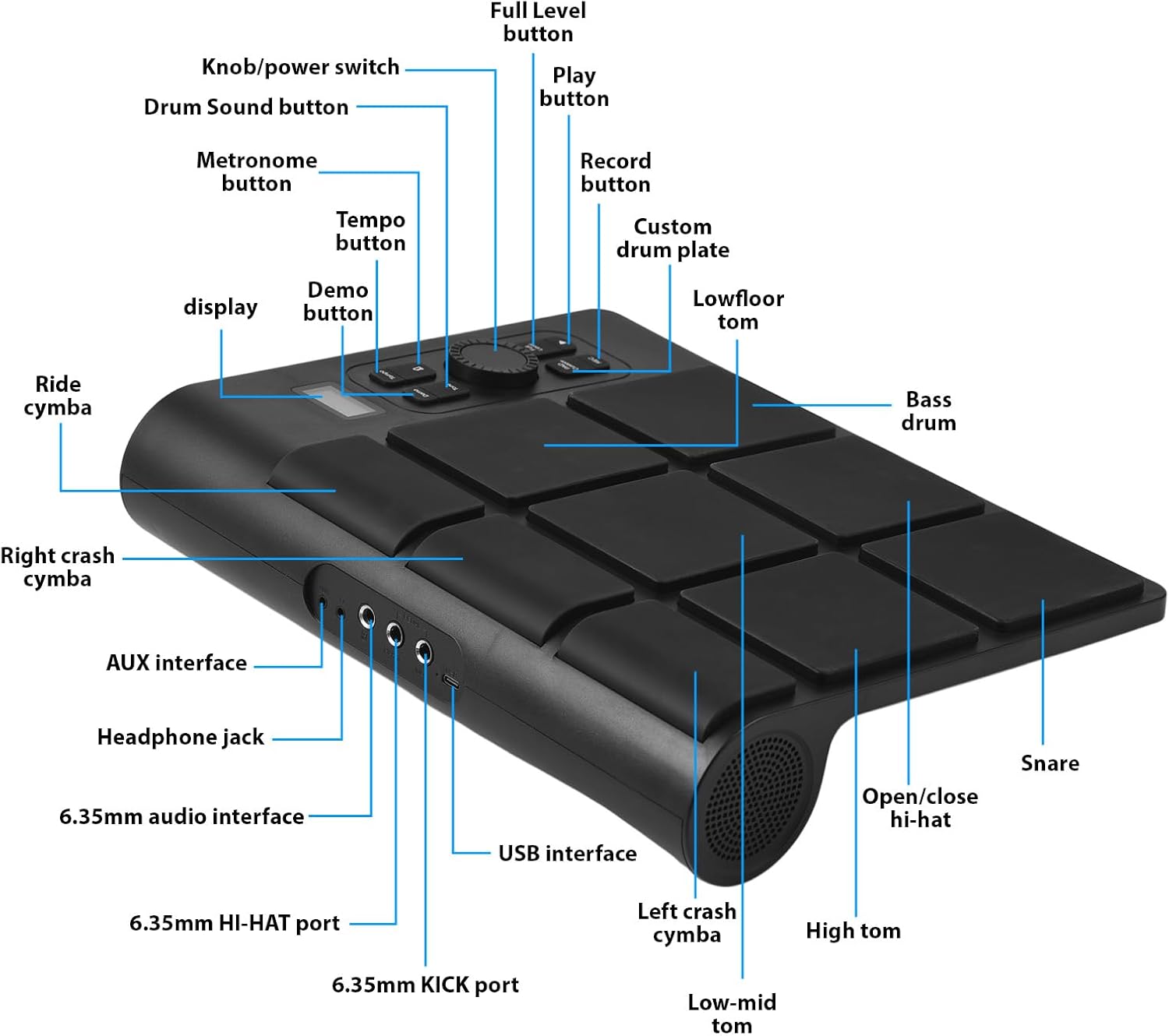 Electronic Tabletop Drum Set with 2 Speaker 9 Pads Color Lighting Supports BT MIDI Various Audio Connection LCD Display Adjustable Sensitivity Practice Electric Drum Pads with Drumsticks Foot Pedal