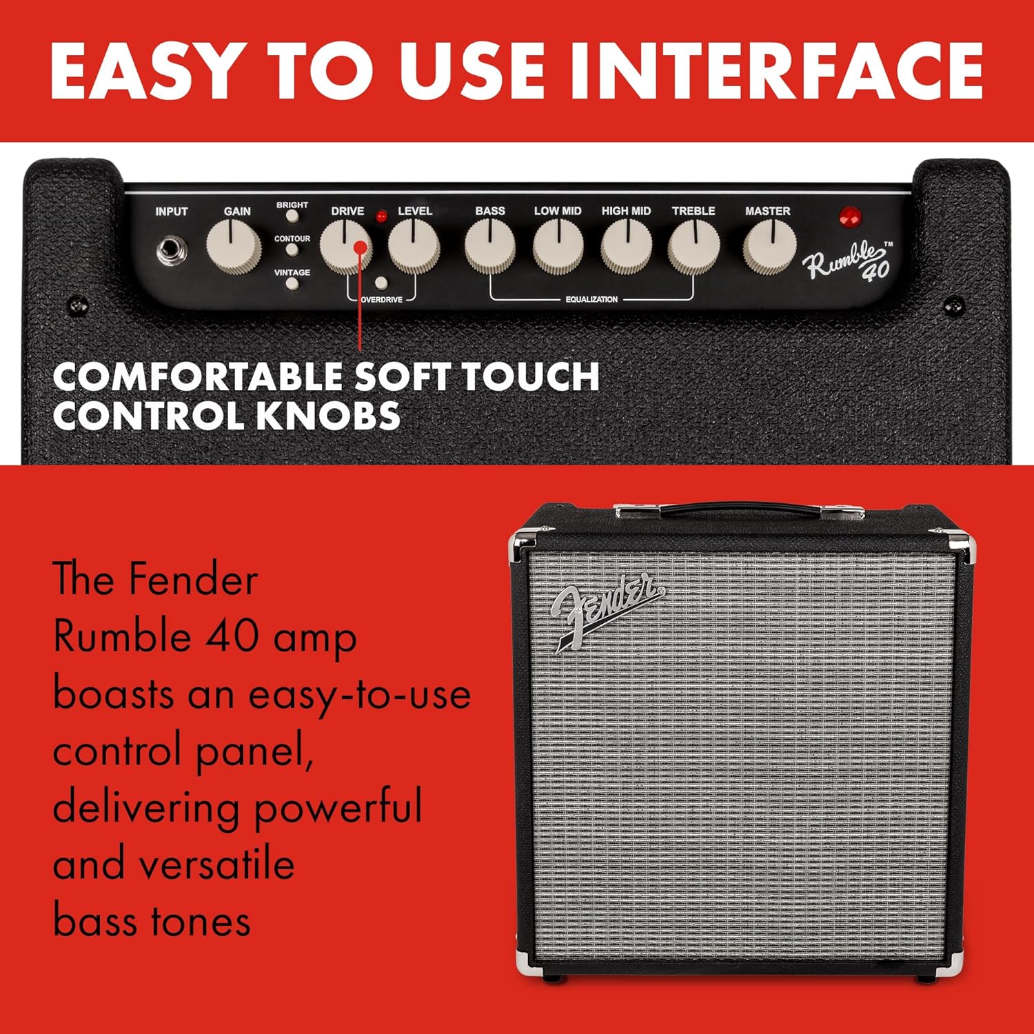 Fender Rumble 40 V3 Bass Amp for Bass Guitar, 40 Watts, with 2-Year Warranty Speaker, with Overdrive Circuit and Mid-Scoop Contour Switch
