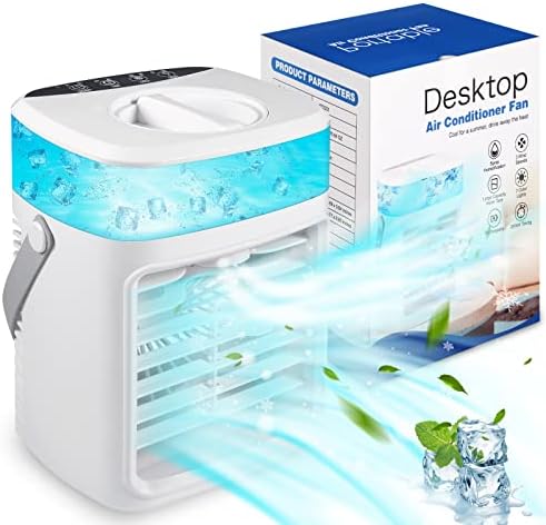 Portable Air Conditioner, Evaporative Air Cooler with Timer, Spray, 3 Speeds Setting, Aromatherapy Notch and 7 Color Light, Quiet Mini Air Conditioner Portable for Room, Small Desktop Cooling Fan
