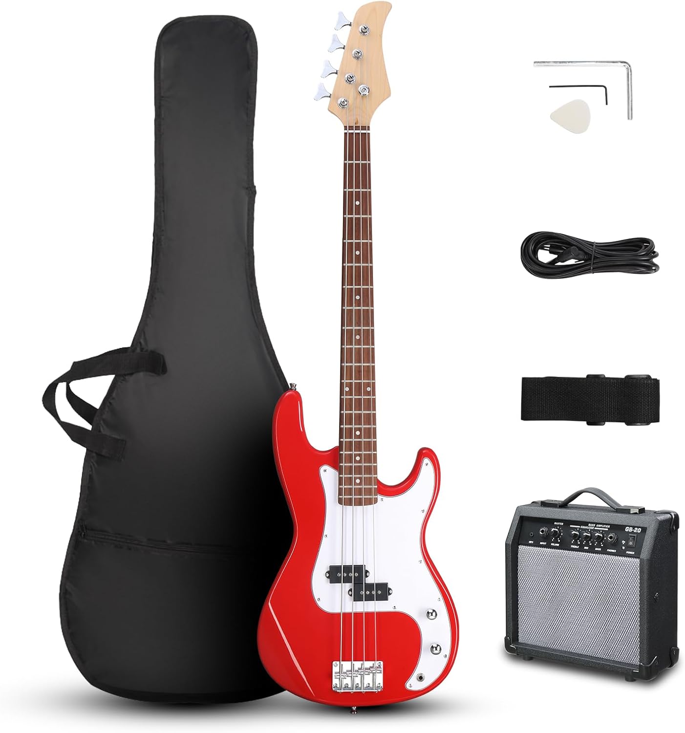 Ktaxon Full Size Bass Guitar 4 String Electric Bass Guitar Kit with Solid Wood Body, Dynamic Tone & Fantastic Hand Feeling Includes 20W Amp, Cable, Strap, Pick and Wrench(Red)
