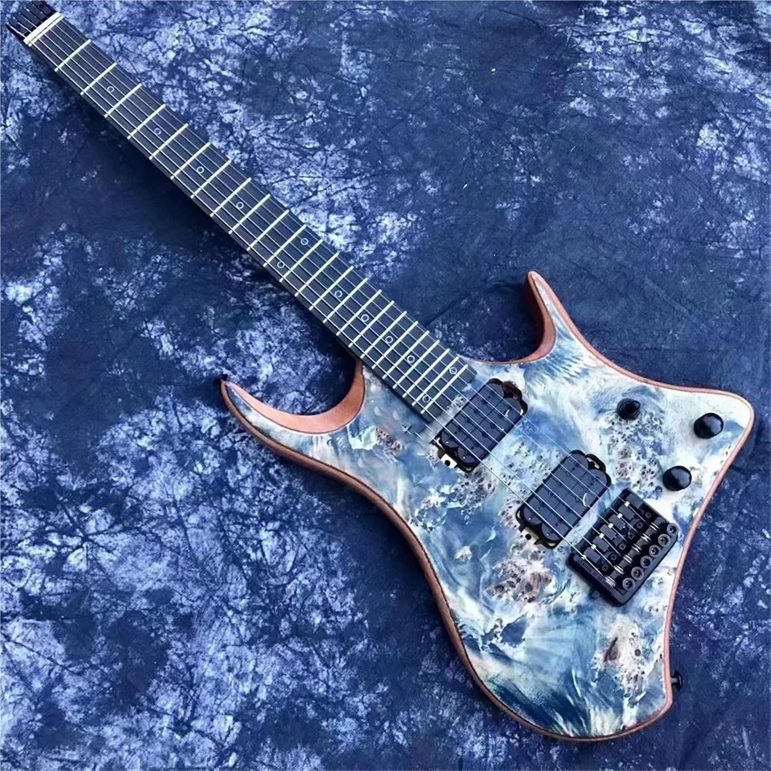 Beginner Electric Guitar Kits Headless Electric Guitar Transparent Blue Burl Surface Hexagonal Pickup