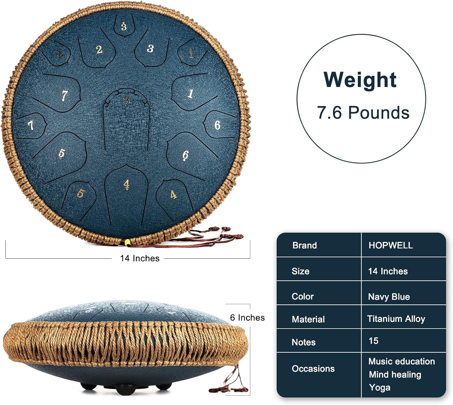 Steel Tongue Drum - 14 Inch 15 Note Tongue Drum - Hand Pan Drum with Music Book, Handpan Drums Mallets and Carry Bag, D Major (Navy Blue)