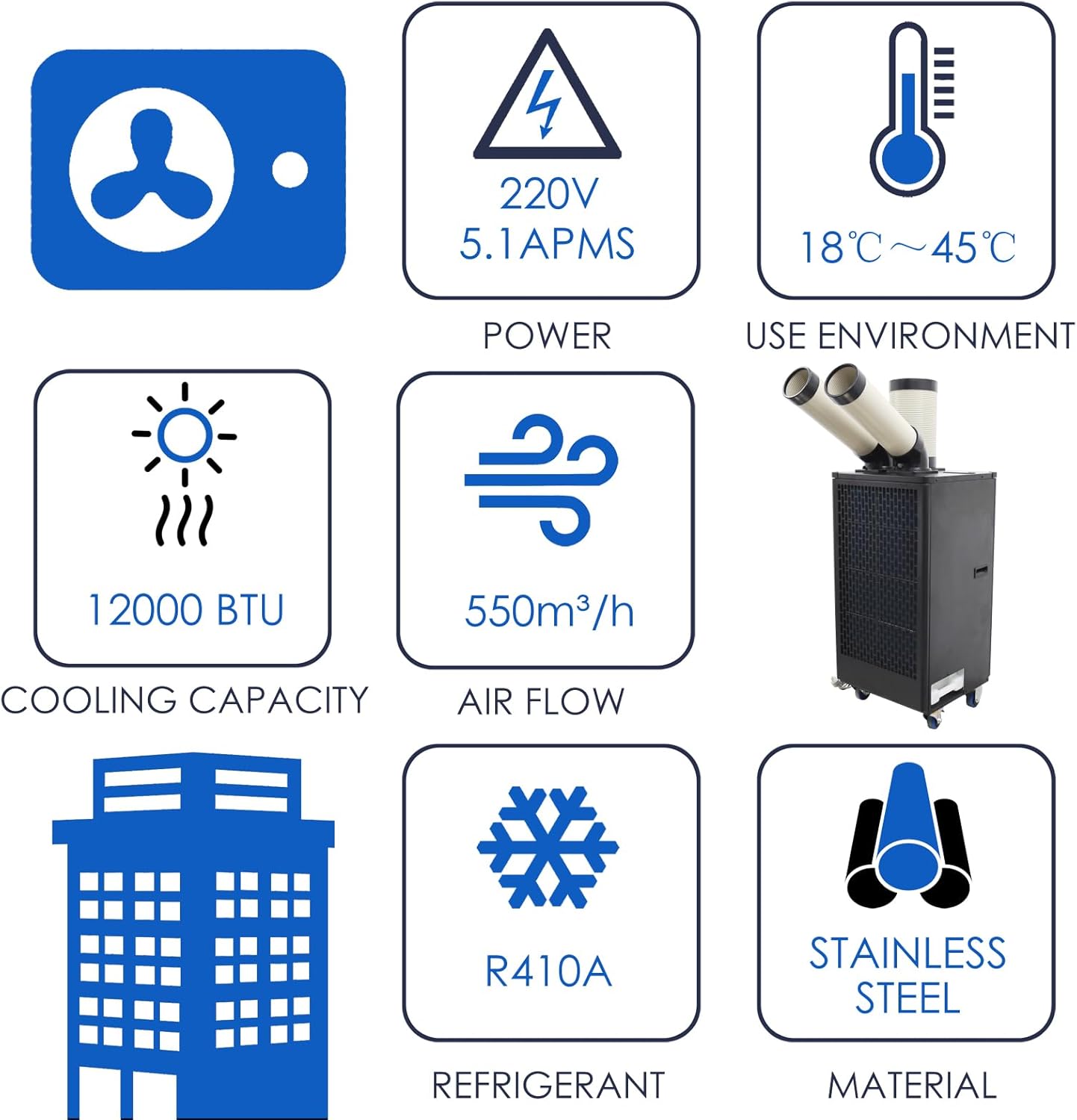12,000 BTU Mobile Spot Cooler Double Columns Industrial Air Conditioners 550m³/h Portable Cooling Aircon for Outdoor/Indoor 220V 1100W