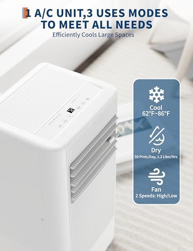 8,000 BTU Portable Air Conditioner, 3-In-1 Ventless Portable Air Conditioner with Dehumidifier, Fan, Room AC Unit Cools Up to 350 Sq.Ft., Auto Swing, 24H Timer, Windows Kit Included, Black Top