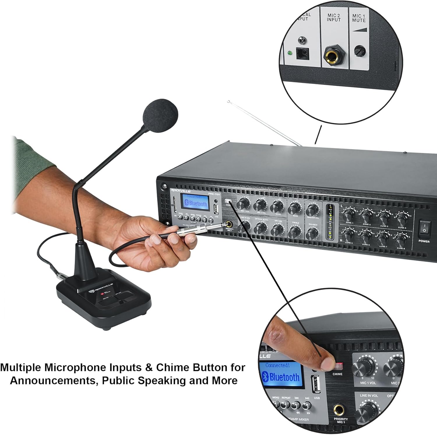 Rockville PRE-70V 8-Zone Stereo Preamp Mixer with Bluetooth, USB/SD/FM, Mic Inputs, Chime, Bass/Treble Control, for 70V Audio Systems