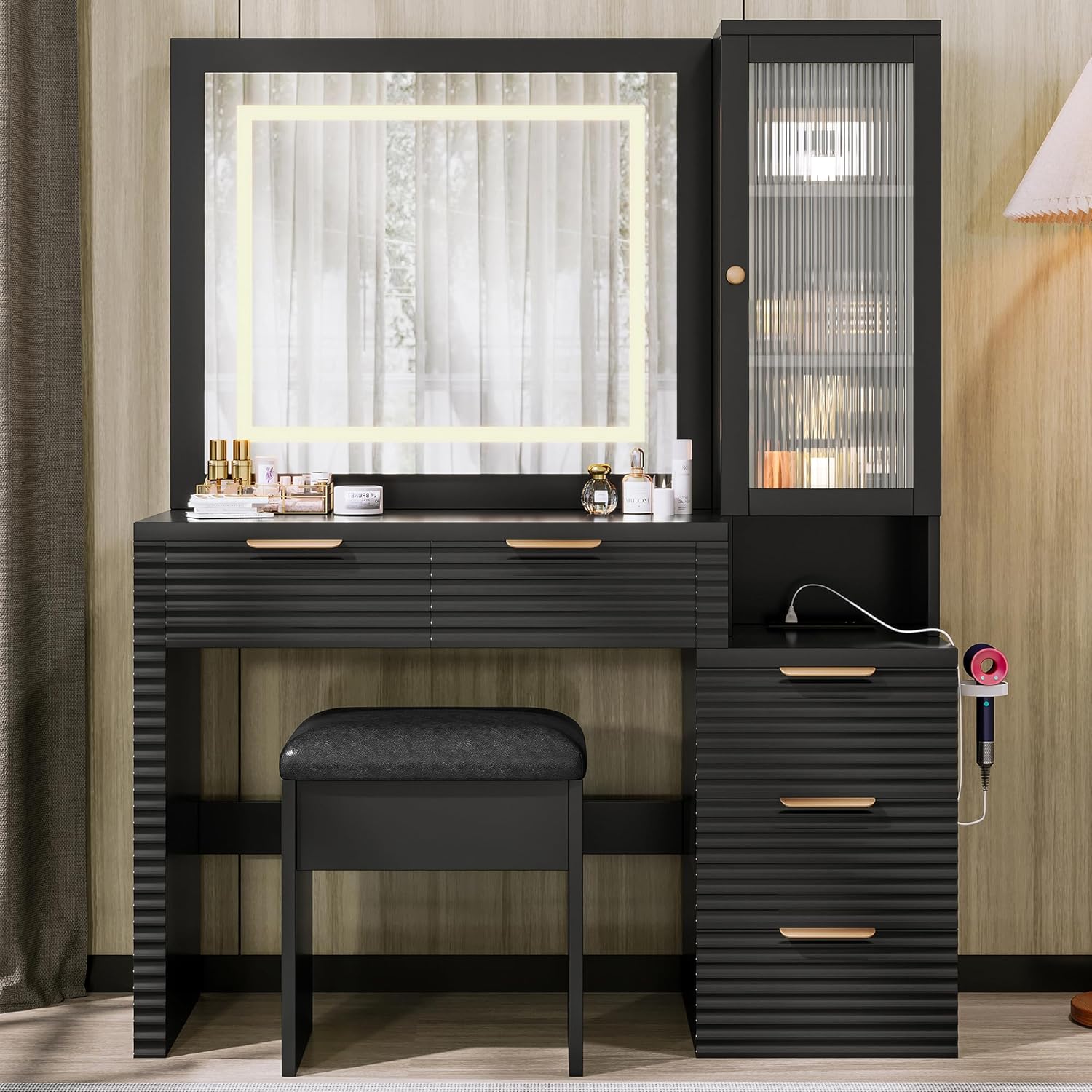 Merax Elegant Vanity Desk with Mirror and Lights, Fluted Makeup Vanity Table & Charging Station, Storage Drawers and Glass Door Cabinet, Black Dressing Table with Stool for Bedroom