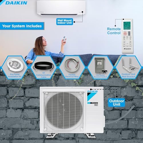 Daikin 18,000 Btu 18 SEER2 Ductless Mini-Split Wall Mount Heat Pump Air Conditioner - R32 w/ 15' Installation Kit, 1/2 Whip, 30A Disconnect, and Wall Bracket
