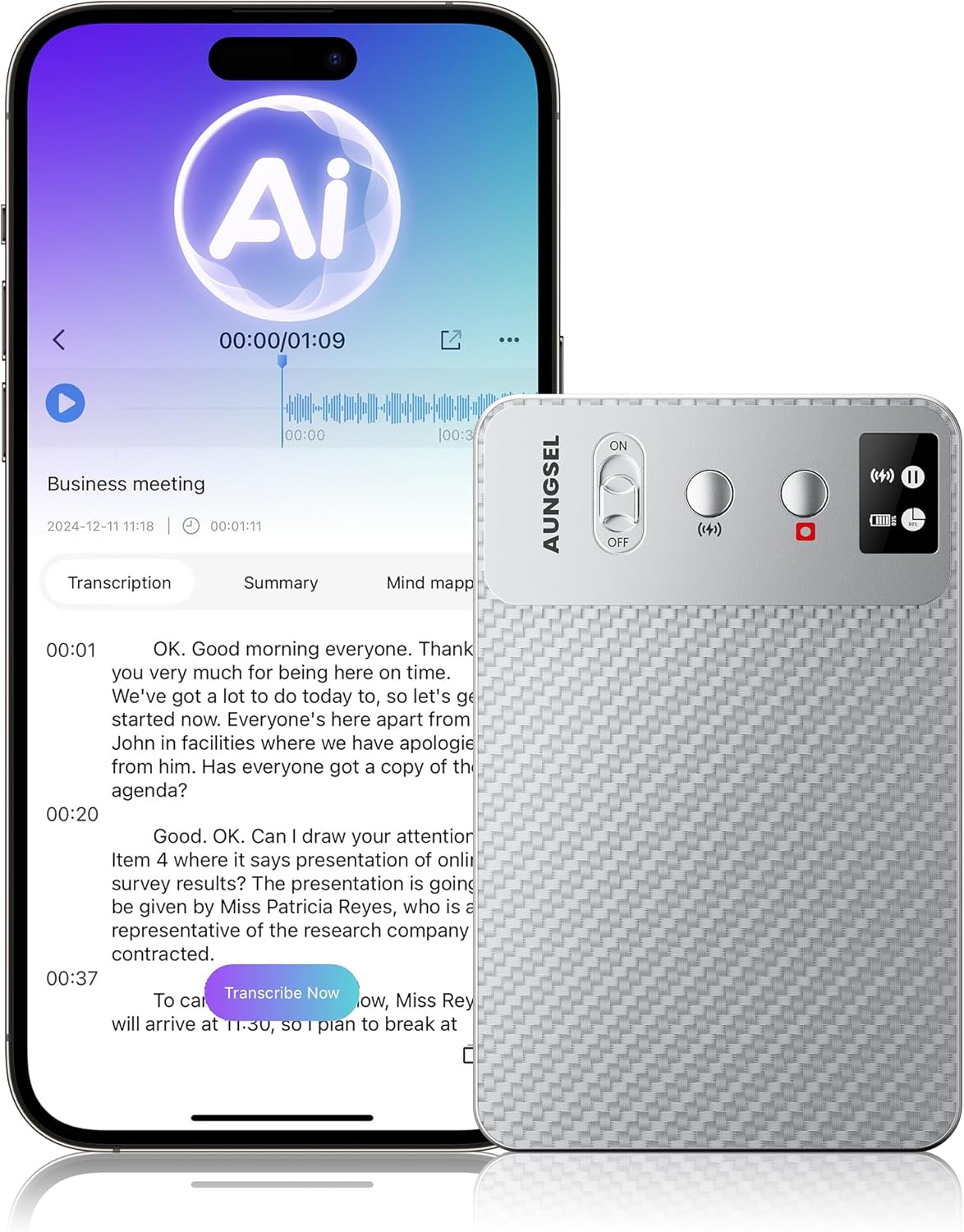 AI Voice Recorder, Transcribe & Summarize AI Audio Recorder, Support 121 Languages, 64GB Memory, Wireless Charging, App/Web Control, Digital Recording Device for Lectures, Meetings, Calls, Silver