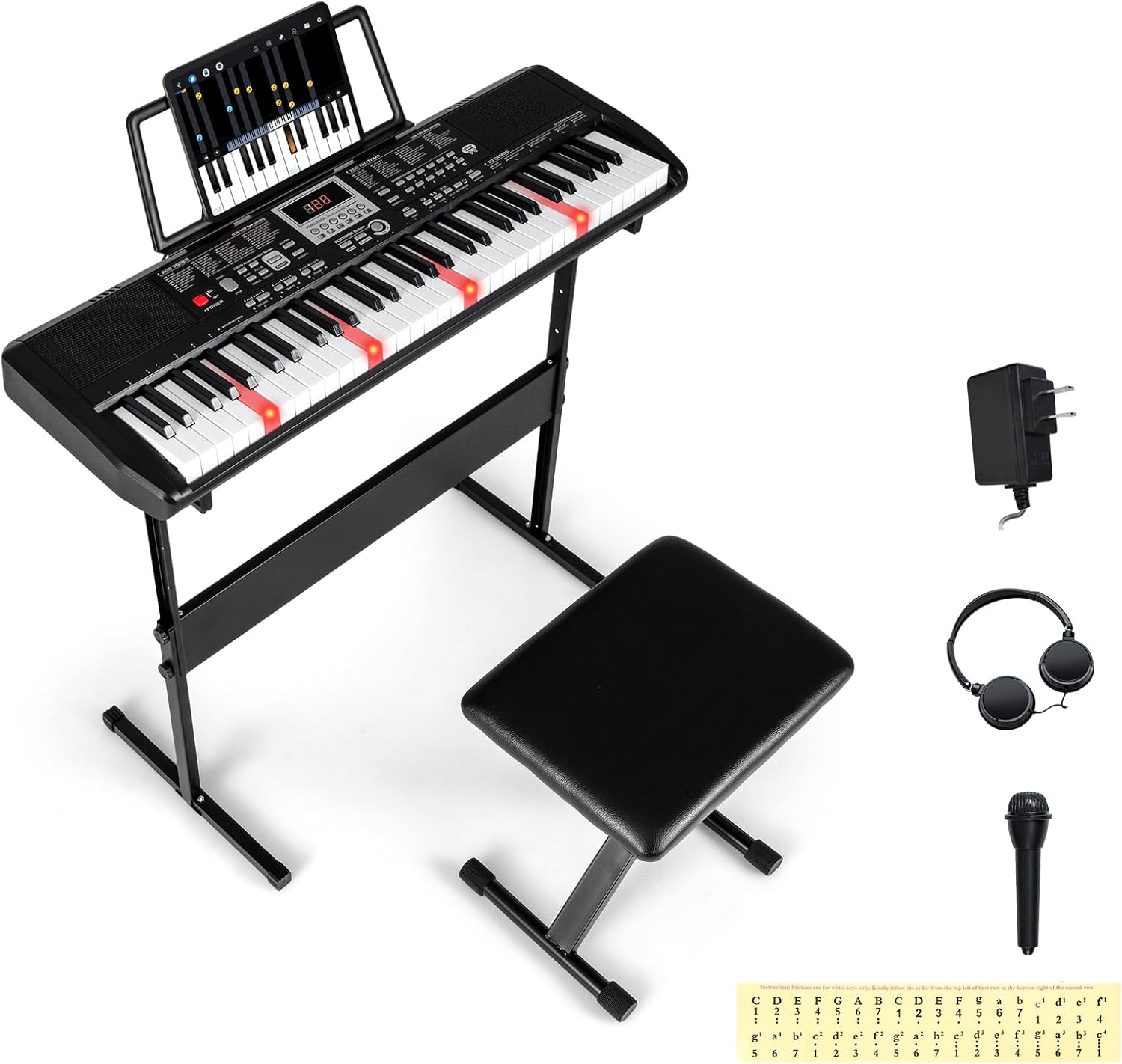Costzon 61 Key Piano Keyboard, Electric Digital Piano with Stand & Bench, Lighted Keys, 200 Rhythms/Tones, Headphones, Microphone, Note Sticker, Portable Keyboard Piano for Beginners Adults (Black)