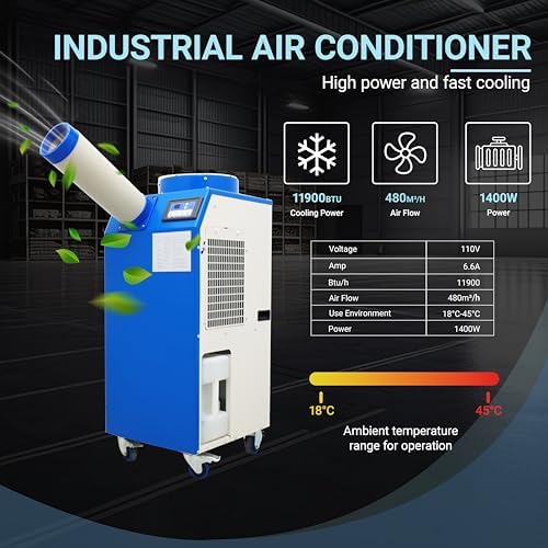 11900BTU/H Portable Air Conditioner Industrial Grade Portable Mobile Spot Cooler for Temporary Outdoor Events Industrial Air Conditioner with 3.7Gal Water Tank Single Duct 1.4KW 110V