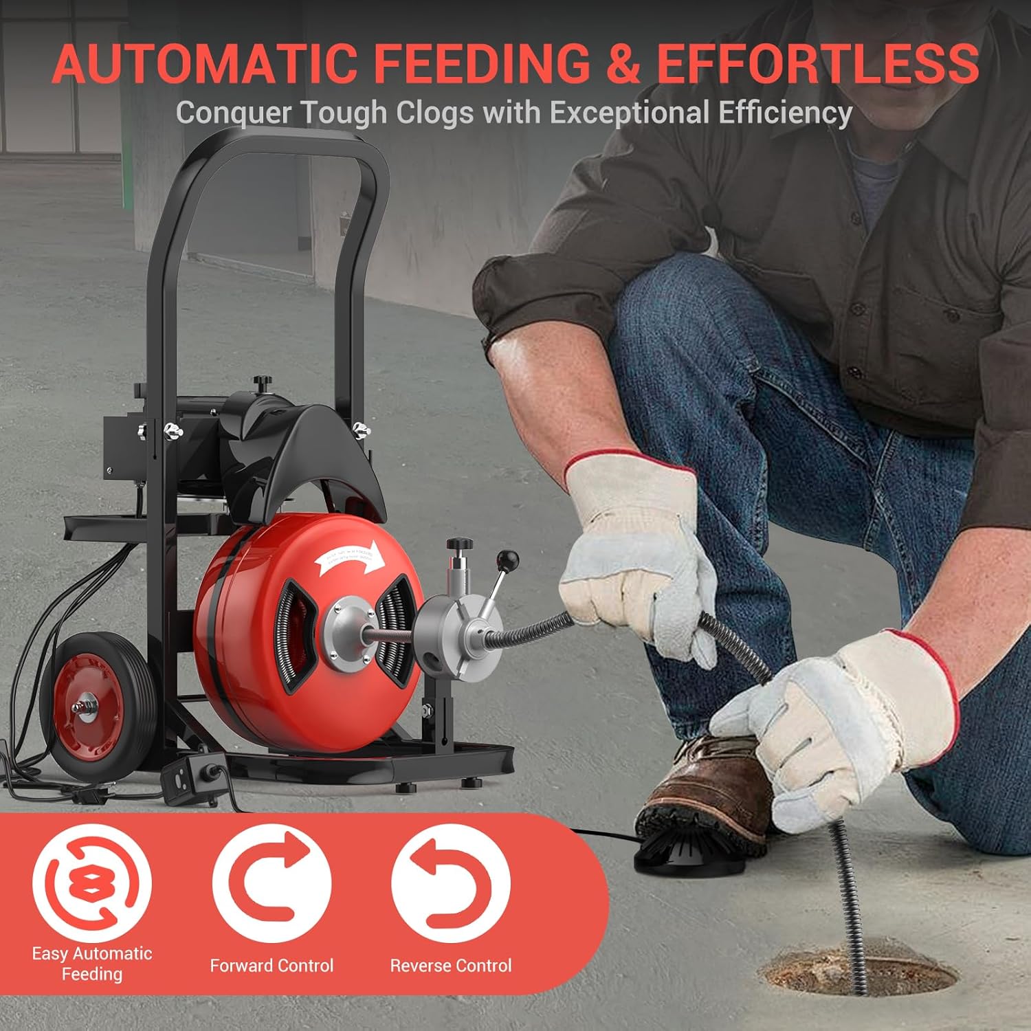 75Ft 1/2 Inch Electric Drain Cleaner Machine, 450w Portable Sewer Snake with Auto-Feed System, Air-Activated Foot Switch & 5 Cutters for 2