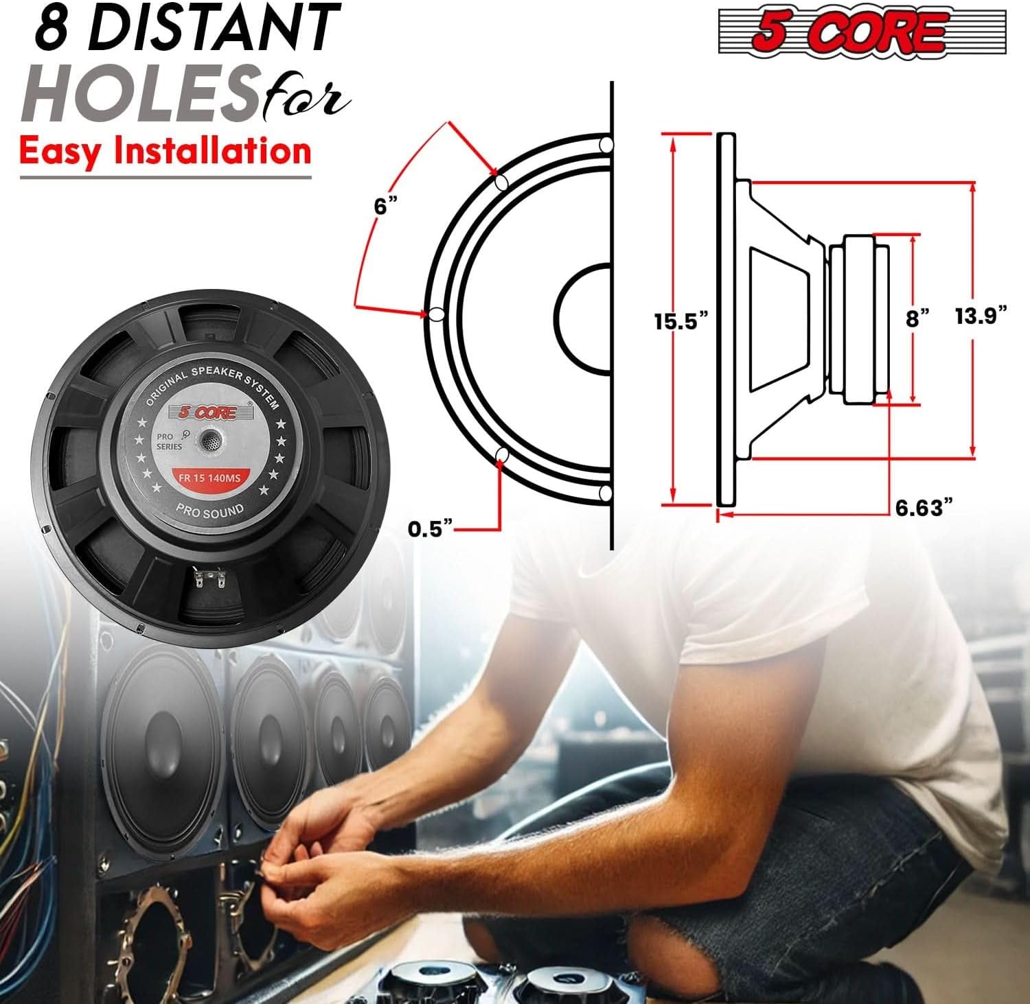 5 CORE 15 Inch Subwoofer Speaker Pair 2000W Full Range PA DJ Audio Sub Woofer Speakers 8 Ohm Deep Bass Replacement Component Subwoofers for Pro Audio Use - FR 15 140 MS 2PCS