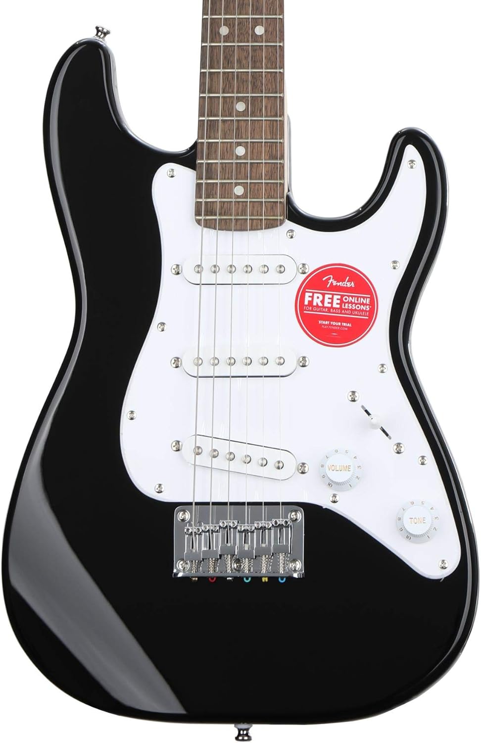 Fender Squier Mini Stratocaster Electric Guitar - Black, Laurel Fingerboard, Includes Tuner and Strap, Ideal for Beginners, Kids, and Travel-Friendly Design