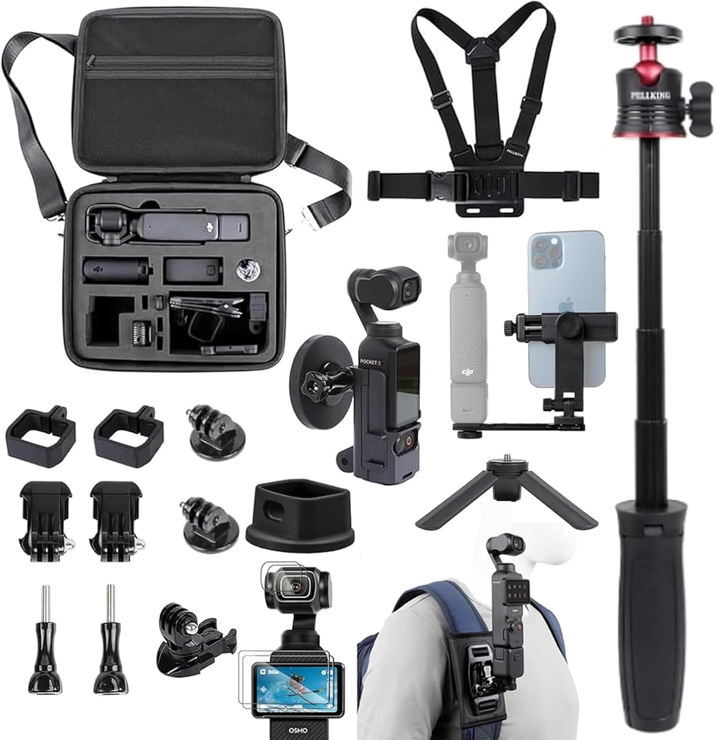 PellKing Accessories Kit for Osmo Pocket 3,Included Carrying Case,Magnetic Mount,Phone Monitor Holder,Selfie Stick,Mini Tripod,Desk Support Mount,Shoulder Strap,Chest Strap,Screen Protector,and Other
