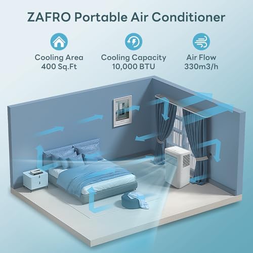 ZAFRO 10000BTU Portable Air Conditioner - 3-in-1 Cooling, Dehumidifier & Fan, 3 Speed, Remote Control, 24-Hour Timer, LED Display