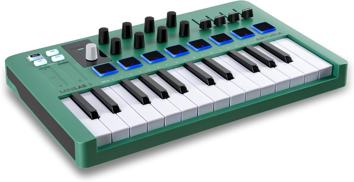 Arturia MiniLab 3 — Limited Edition Mint Green 25 Key USB MIDI Keyboard Controller With 8 Multi-Color Drum Pads, 8 Knobs and Music Production Software Included