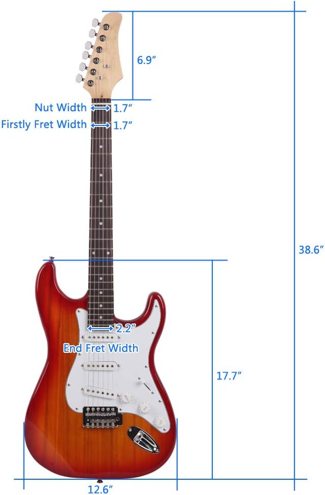 Electric Guitar 39‘’ Full Size Beginner Electric Guitar Kit Right Handed Rosewood Fingerboard Guitar with Accessories Pack for Starter Sunset Red