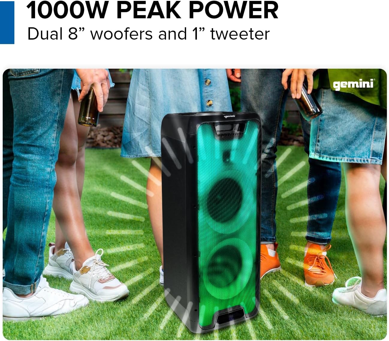 Gemini Bluetooth Speaker 1000W with LED Light Show, Dual 8
