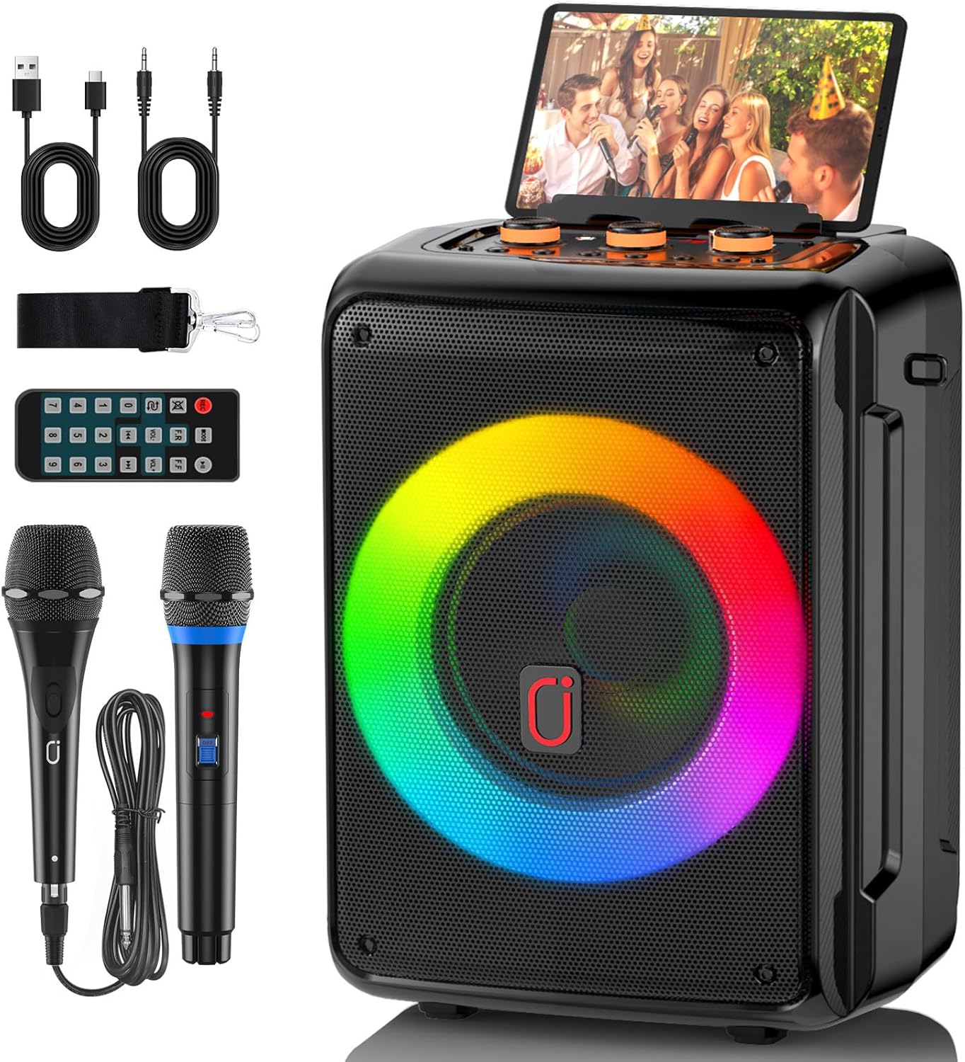 Karaoke Machine with 2 Microphones, Portable Bluetooth Karaoke Speaker for Adults, Home Party Speaker with DJ Light for Outdoor, Events, Gathering, PA System Support TV Connectivity