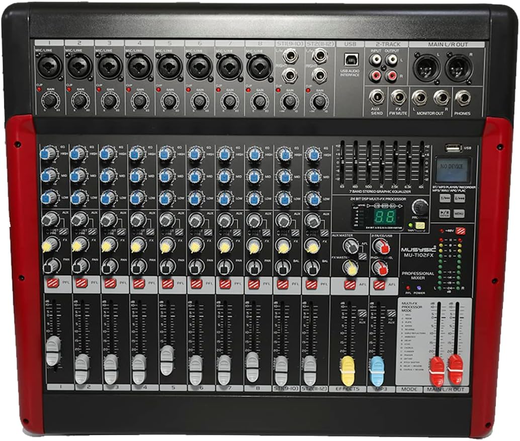 MUSYSIC PA Audio Mixer, Dual Bit FX Processor, 24 Built-in Preamp & Professional Amp, 99 Sound Effects USB/WMA/SD/MP3/Bluetooth Interface - DJ and Studio Gear with 66m Faders - 12 Channels 7 Band GEQ