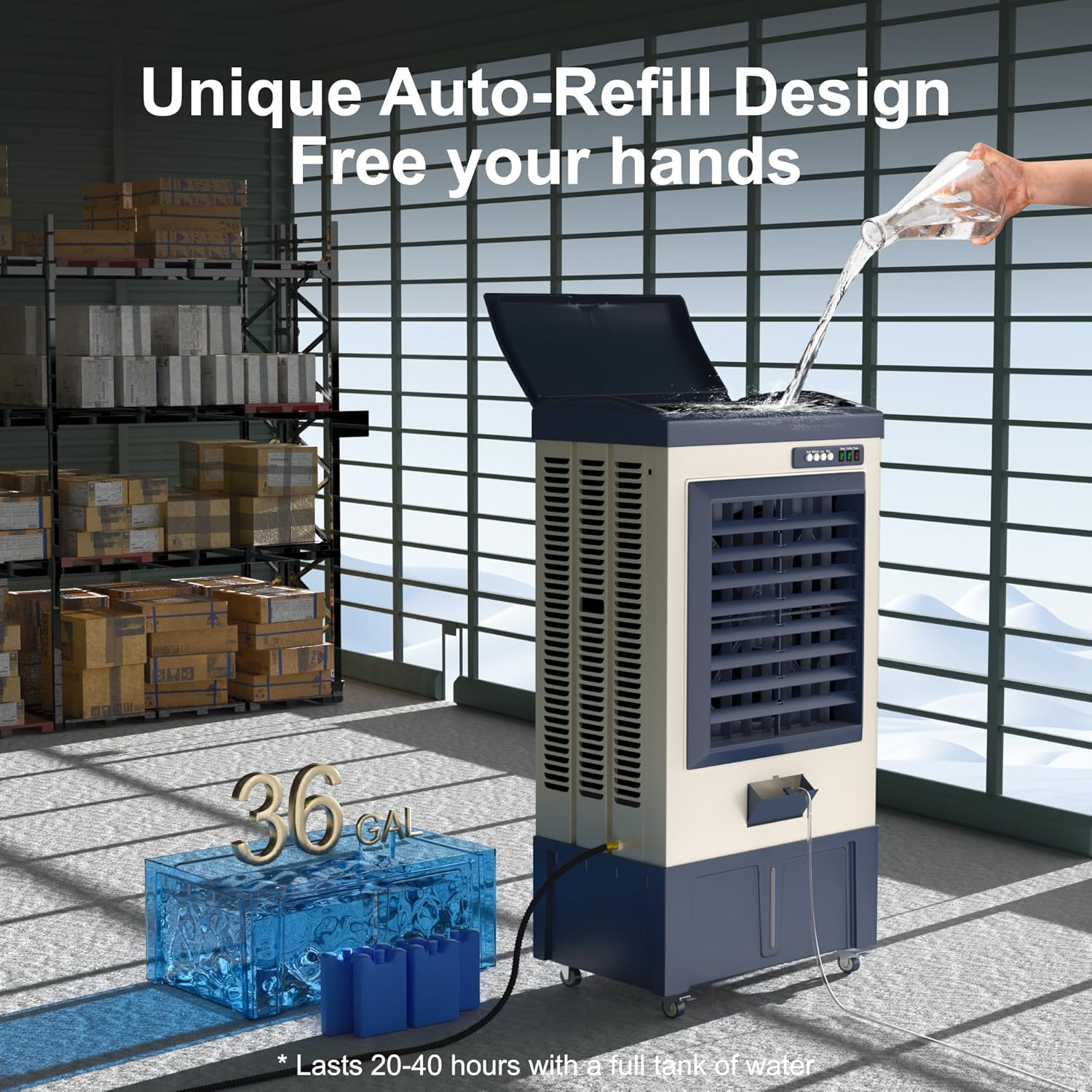 AKIRES 8979CFM Portable Swamp Cooler Air Conditioner,57IN Air Cooler for 1730Sq.ft of Space,with Continuous Auto Fill,36-Gal Water Tank,120°Oscillation,5 Ice Packs,Cooling Fan for Outdoor,Garage